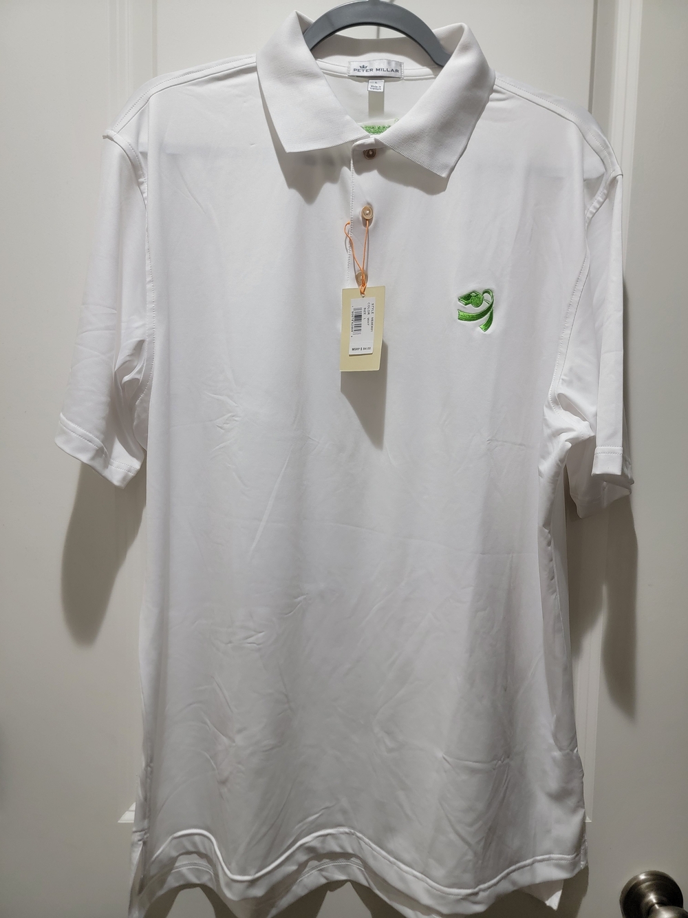 Peter Millar White Short-Sleeve Polo with Green Logo COACHING FOR LITERACY